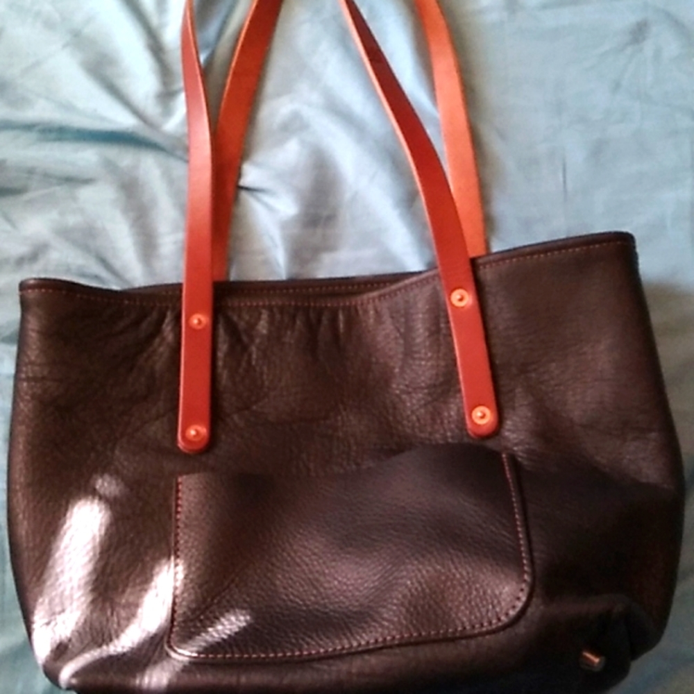 Go Forth Goods Full Grain Leather Tote in color "Black" w/ Saddle Brown Handles